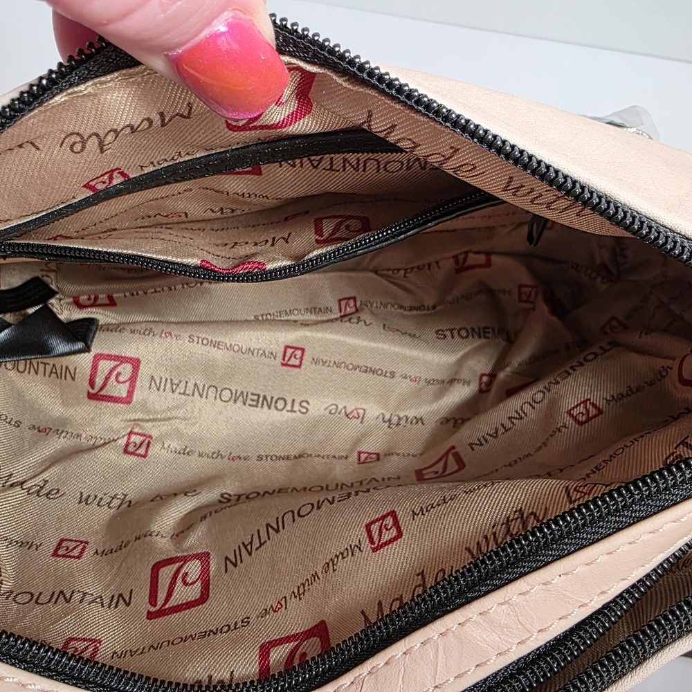 Stone Mountain Leather Shoulder Bag - Adjustable Strap Two-Tone Black and Blush - Picture 7 of 16